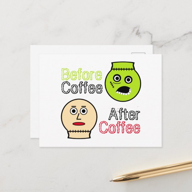 Carte Postale Avant le café, après le café, monstre de café (Devant/Arrière en situation)