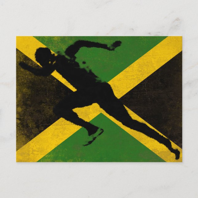 Carte postale avec sprinter sur le drapeau jamaïca (Devant)