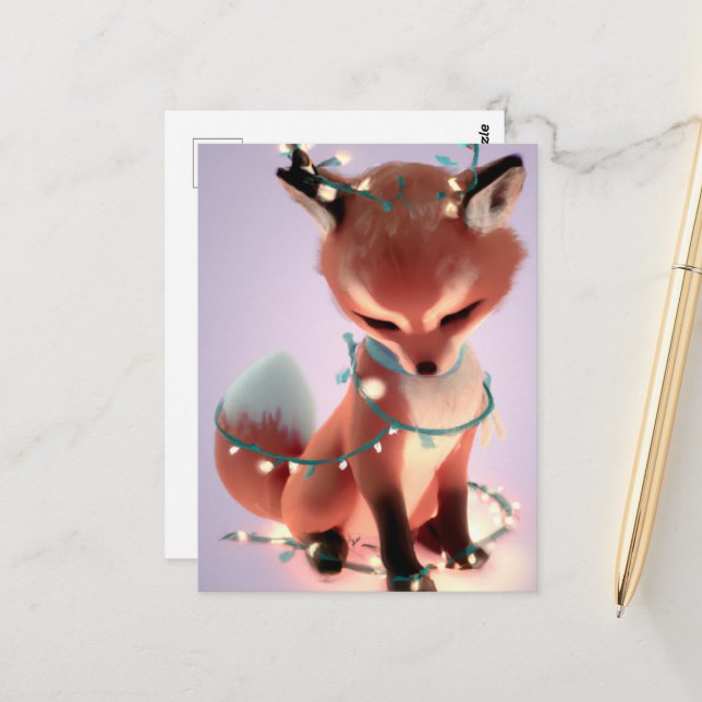 Carte postale avec un bébé renard mignon et des lu (Devant/Arrière en situation)