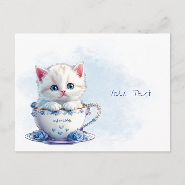 Carte postale avec un chaton dans une tasse Fleurs (Devant)