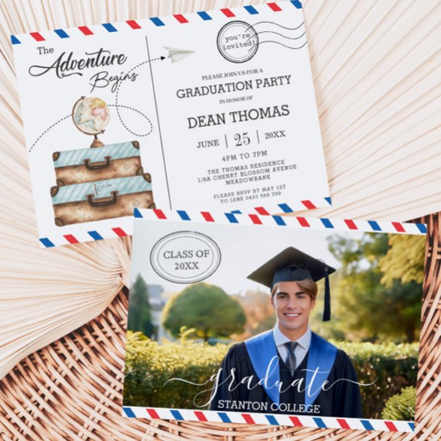 Carte postale Aventure de bagage commence la fête  (the-adventure-begins-postcard-suitcases-globe-graduation-party-photograph-invitation-card-printed)