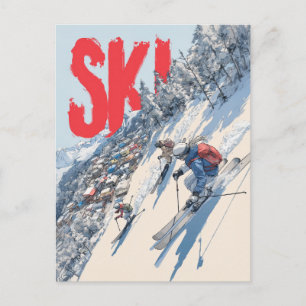 Carte Postale Aventure en ski sur la pente de la montagne