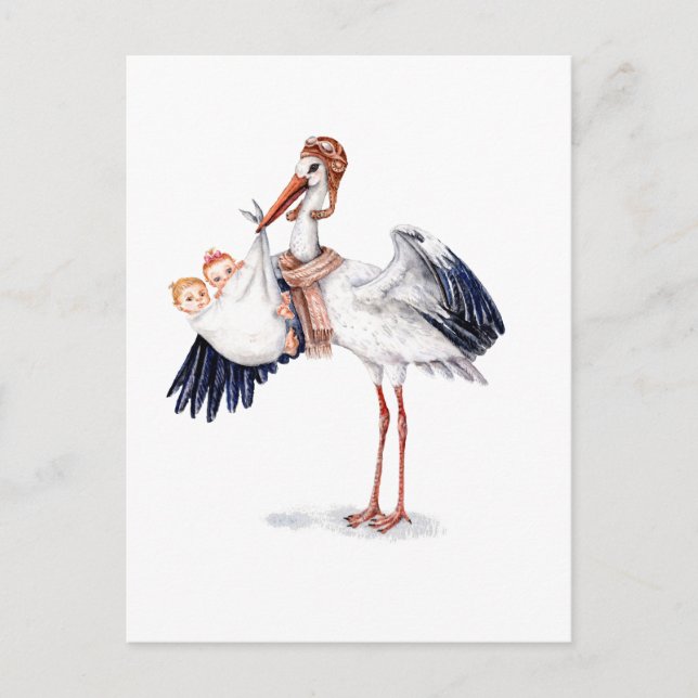 Carte Postale Aviator Stork transportant des jumeaux (Devant)