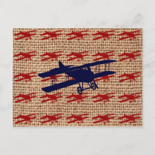 Carte Postale Avion propulseur de biplane vintage sur Burlap Imp