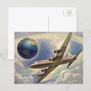 Carte Postale Avion vintage volant autour du monde dans les nuag