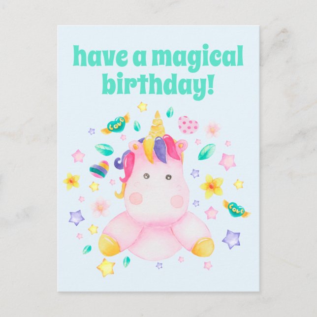 Carte Postale Avoir un Anniversaire Magique, Cute Kids Unicorn (Devant)