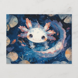Carte Postale Axolotl à taches blanches nageant dans un étang bl