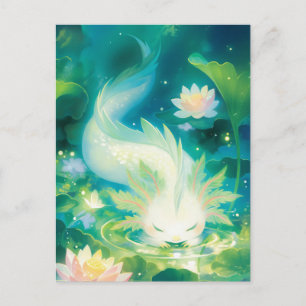 Carte Postale Axolotl Blanc dans un Étang de Lotus Magique et Ét