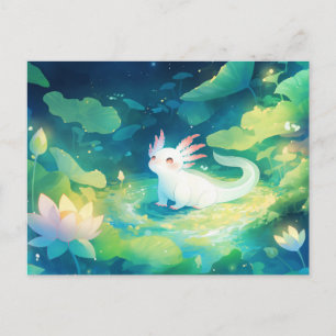 Carte Postale Axolotl Blanc dans un Étang Magique de Lotus de Nu