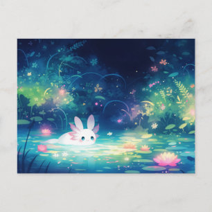 Carte Postale Axolotl Blanc Oreille de Lapin dans un Étang Magiq