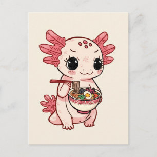 Carte Postale Axolotl mignon tendance mangeant des ramen japonai
