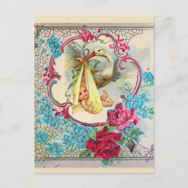 CARTE POSTALE BABEAUCHE DE BÉBÉ CIGOGNE JAUNE, ROSES ROSES, FLEU (Devant)