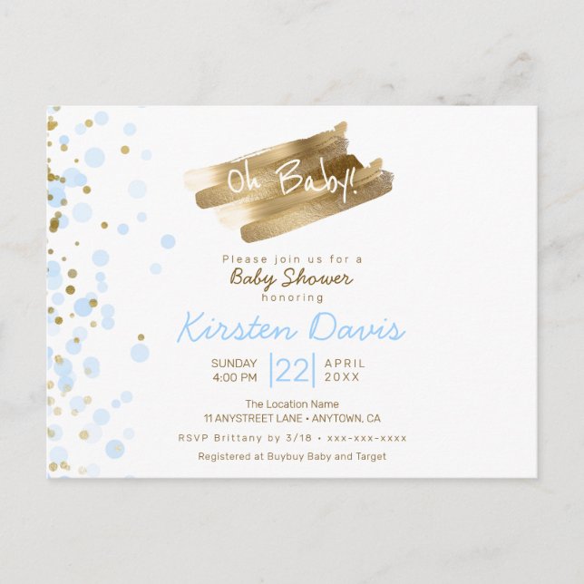 Carte Postale Baby Blue et Gold It's a Boy Baby Shower (Devant)