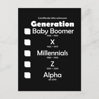 Carte Postale Baby Boomer, X, Y, Millénium, Z, Al