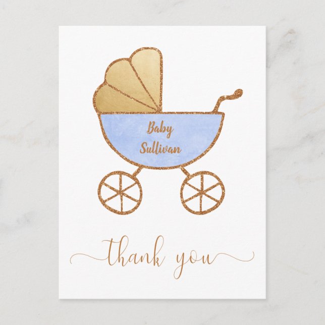 Carte Postale Baby Boy Douche Retro Carriage Blue Gold Merci (Devant)
