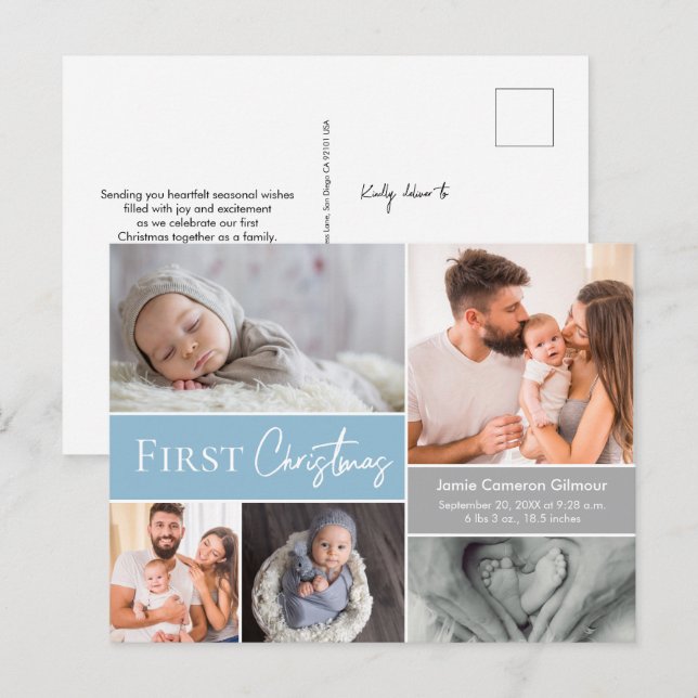 Carte Postale Baby Boy First Christmas Family Photos Bleu (Devant / Derrière)