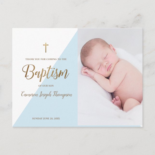 Carte Postale Baby Boy moderne Bleu Photo Baptême Merci (Devant)