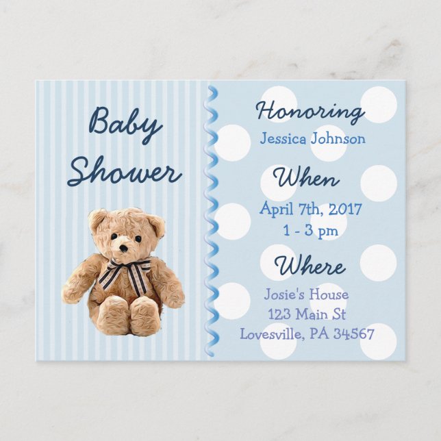 Carte Postale Baby Boy Teddy Bear Baby shower bleu Invitation (Devant)