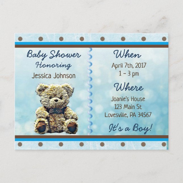 Carte Postale Baby Boy Teddy Bear Baby shower Invitation (Devant)