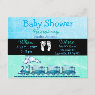 Carte Postale Baby Boy Train Blue Baby shower Invitation