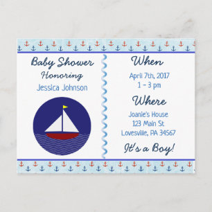 Carte Postale Baby Boy Voilier Blue Baby shower Invitation