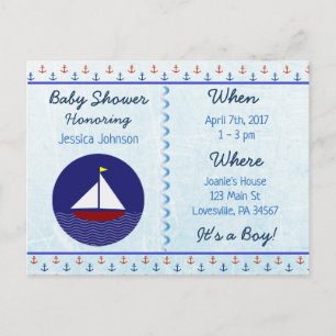 Carte Postale Baby Boy Voilier Blue Baby shower Invitation