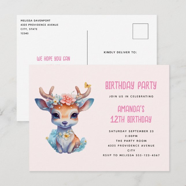 Carte Postale Baby Deer avec Antlers et Fleurs Anniversaire (Devant / Derrière)