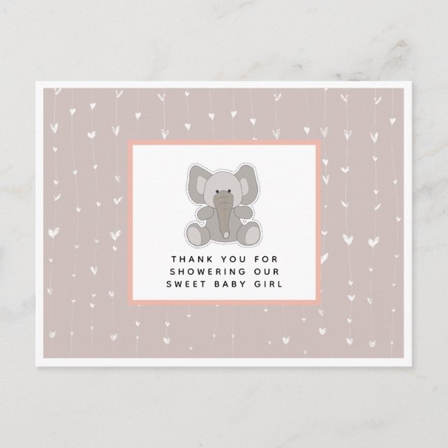 Carte Postale Baby Elephant cordes Coeurs Baby shower Merci (Devant)