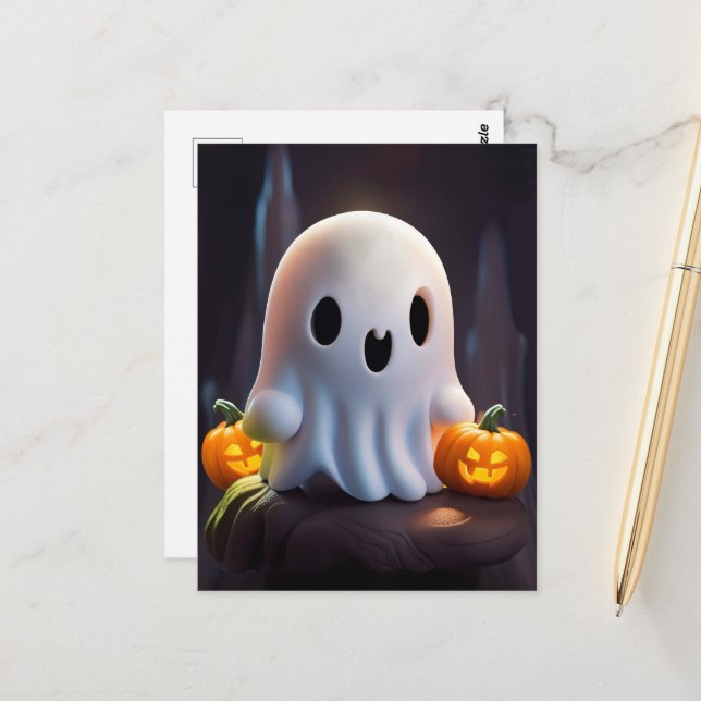 Carte Postale Baby Ghost Déplaisant mignon caractère Halloween (Devant/Arrière en situation)