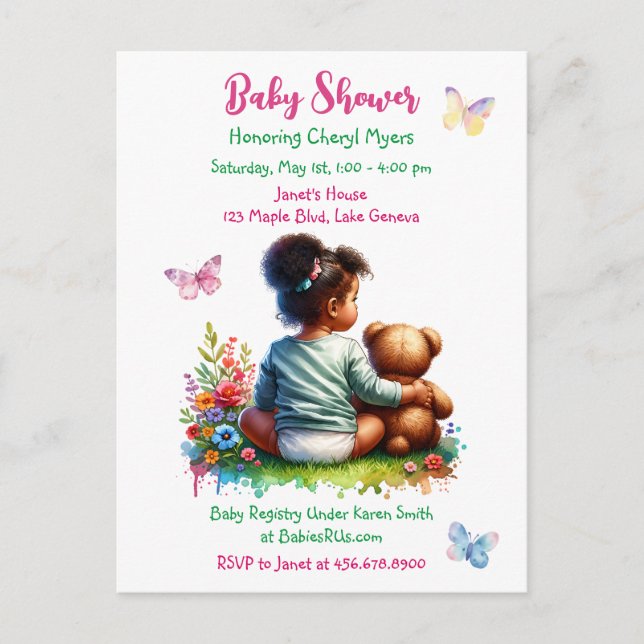 Carte Postale Baby Girl et son ours en peluche | Baby shower de  (Devant)