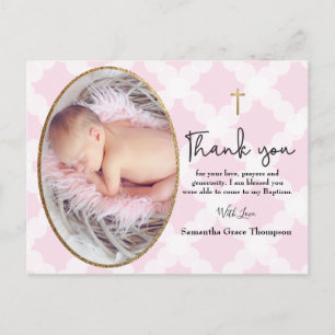 Carte Postale Baby Girl rose Photo Baptême Merci