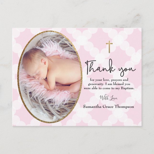 Carte Postale Baby Girl rose Photo Baptême Merci (Devant)