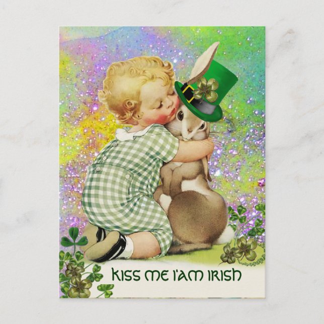 Carte Postale BABY HUGGING RABBIT St. Patrick's Day Shamrocks (Devant)