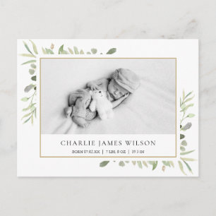 Carte Postale Baby Photo Watercolor Greenery Birth Thank You