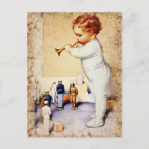 Carte Postale Baby-robot à tête rouge soufflant la corne aux sol