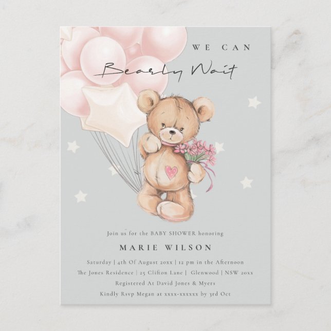 Carte Postale Baby shower à ballon d'attente avant l'ours gris (Devant)