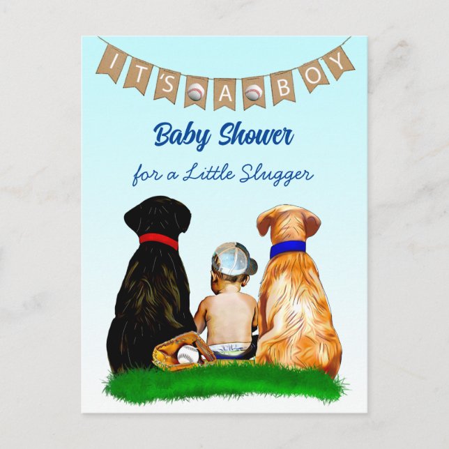 Carte Postale Baby shower à thème de baseball et de chiens (Devant)