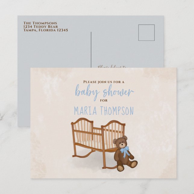 Carte Postale Baby shower Aquarelle Rustique farci Animal bleu (Devant / Derrière)