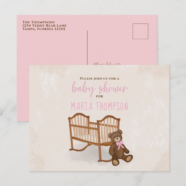 Carte Postale Baby shower Aquarelle Rustique rose farci Animal (Devant / Derrière)