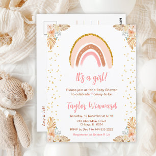 Carte Postale Baby Shower Arc-en-Ciel Bohème Rose