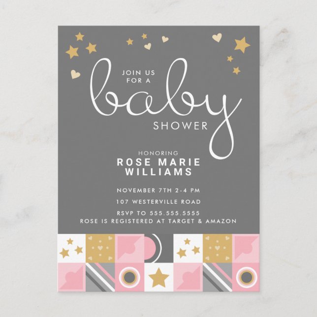 Carte Postale Baby shower | Baby Pink Moon & Stars Postcard (Devant)