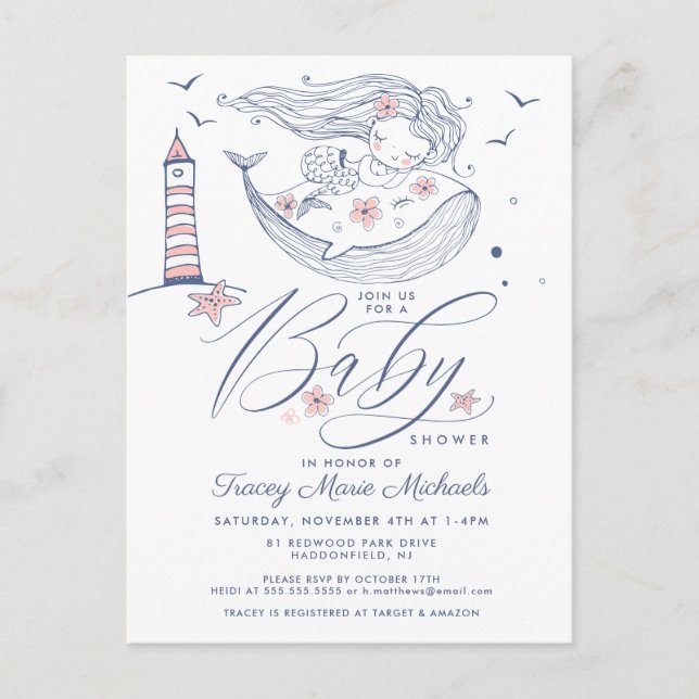 Carte Postale BABY SHOWER | Bébé Fille Baleine Sirène Plage (Devant)