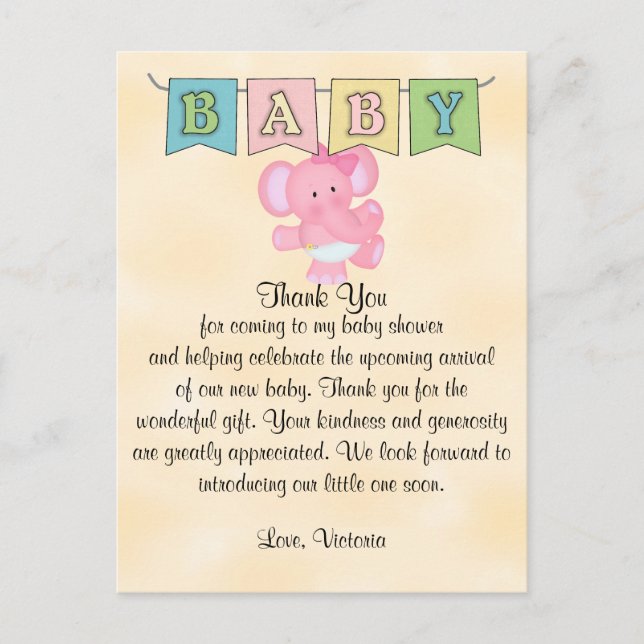 Carte Postale Baby shower bébé fille éléphant (Devant)
