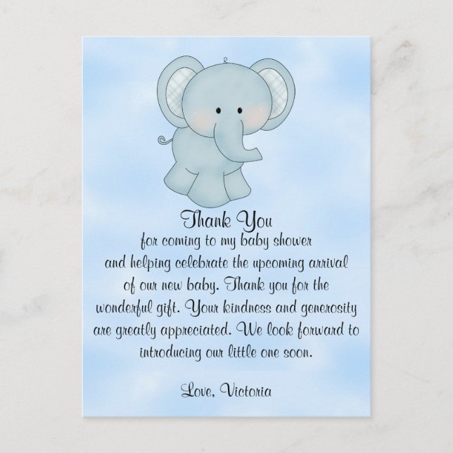 Carte Postale Baby shower bébé garçon bleu éléphant (Devant)