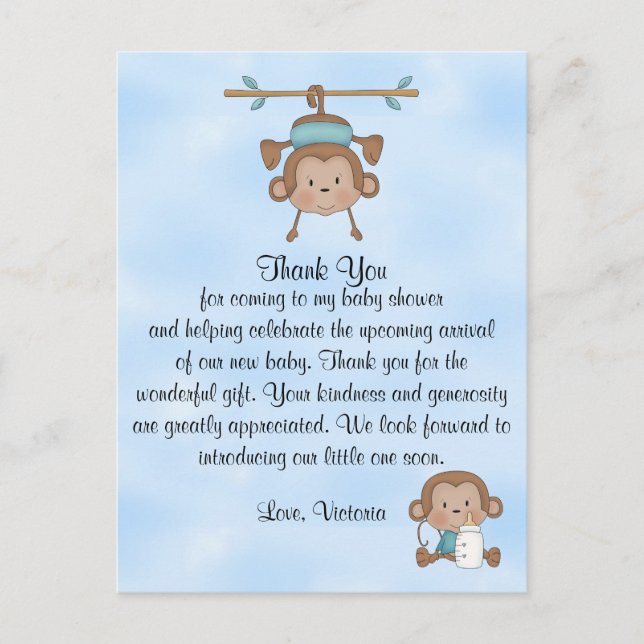 Carte Postale Baby shower Bébé Garçon Singe (Devant)