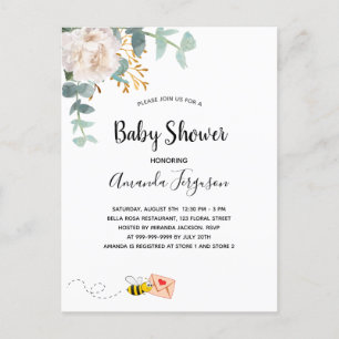 Carte Postale Baby shower blanc fleuri vert vert mignonne maman