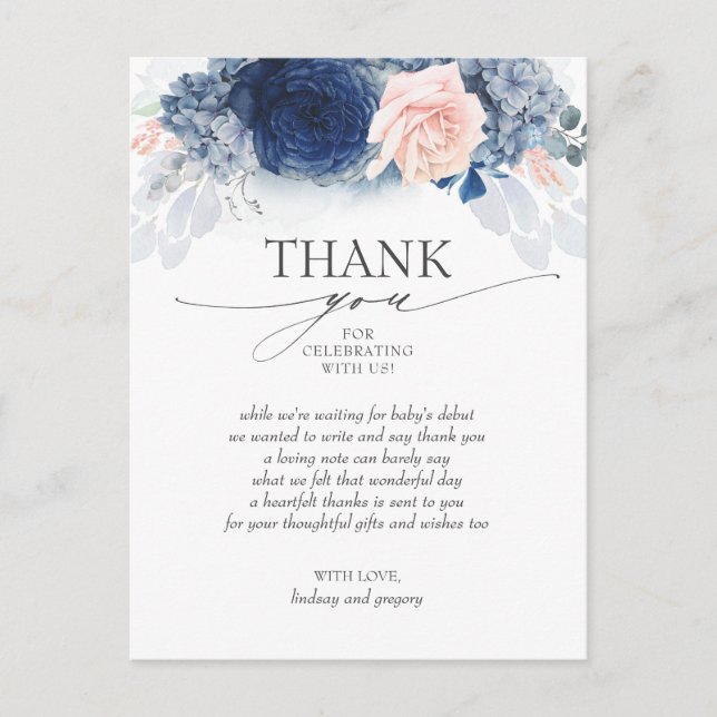 Carte Postale Baby shower bleu Floral rose élégant Merci (Devant)