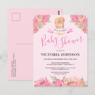 Carte Postale Baby shower Boho Floral Écureuil En Bois Dans