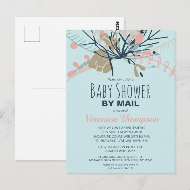 Carte Postale Baby shower Botanique Rustique Bleu Pastel Par Mai (Devant / Derrière)
