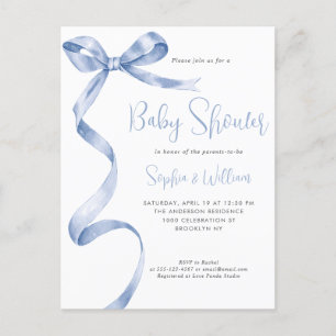 Carte Postale Baby shower Bow Ribbon Bow Aquarelle bleu clair